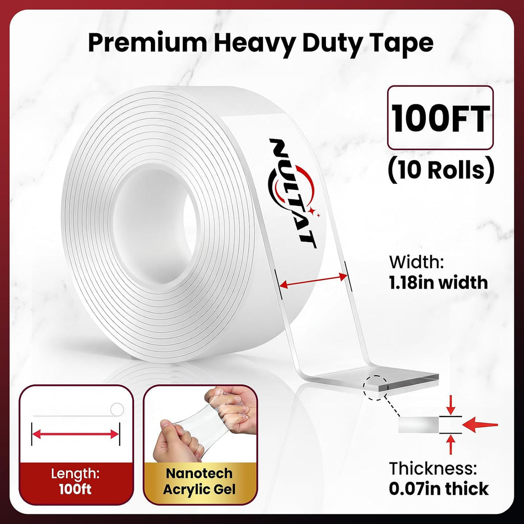 100 Feet Double Sided Tape Heavy Duty, Nano Reusable, Removable, Washable Double Stick Tape for Wall, Clear