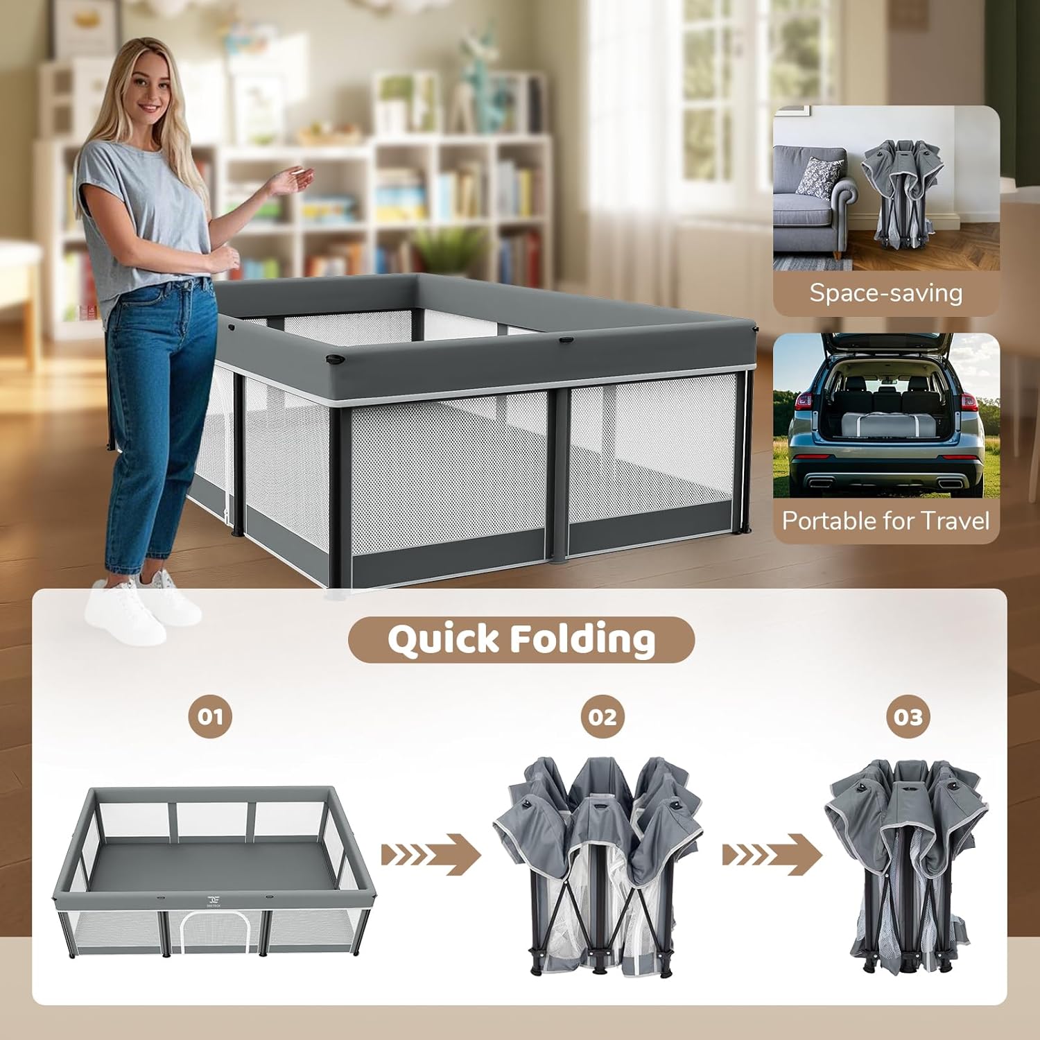 74x50 Foldable Baby Playpen with Mat - Portable Outdoor Play Yard, Grey | Portable Play Pen for Toddlers 1-3, Storage