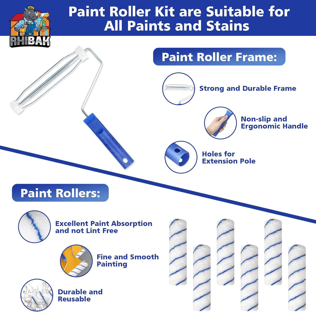 Paint Roller Kit with Extension Pole, 27 Piece Set, 2 to 4 Ft Pole, 4"9" Paint Rollers, Paint Brushes Set for