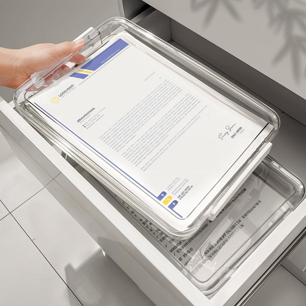 4 Pack Clear Plastic File Boxes with Handle, Modern Style, Stackable, Water Resistant, A4 Letter File, Document