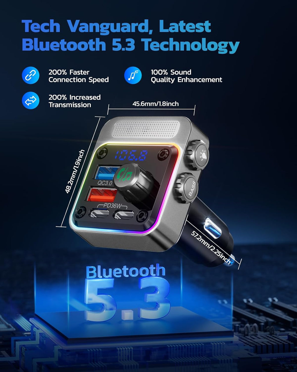 54W Bluetooth 5.3 Car Adapter, FM Transmitter 4-Port Fast Charging | Wireless FM Radio Music Player with Deep Bass, 5