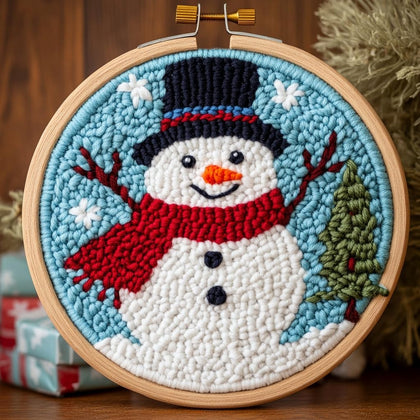 DIY Punch Needle Kits Christmas Snowman Winter Snow with Hoop 20x20cm-2 | with Pattern Stamped Easy for Beginners