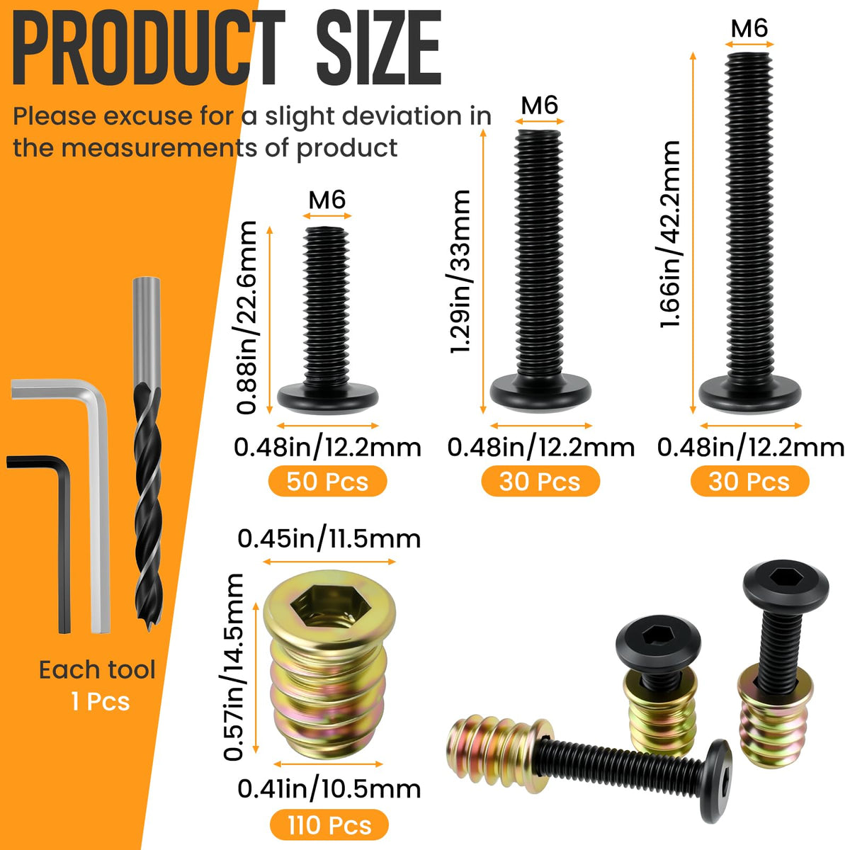 DALQUIS 110 Sets M6 Threaded Inserts for Wood | 3 Sizes Inserts