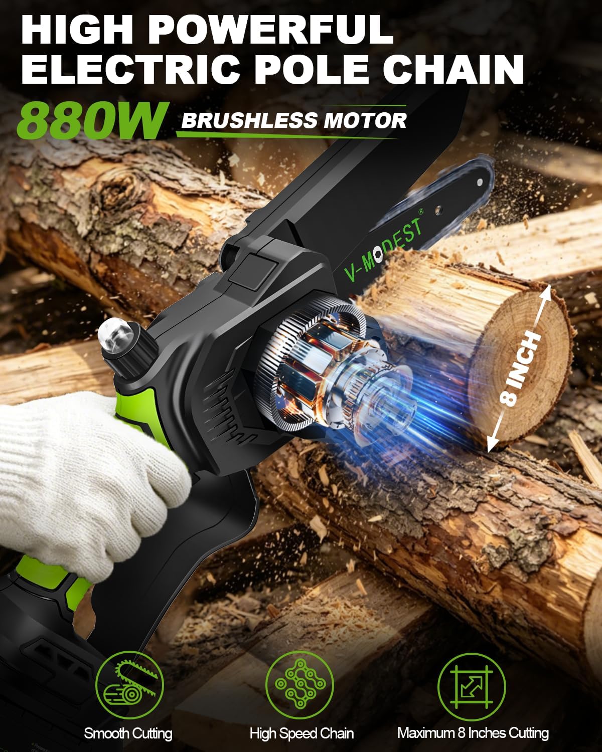 4-in-1 Cordless Pole Saw&Electric Pruning Shear, 8" 15Ft Reach, 2 Batteries | Battery Powered Pole Saw for Tree