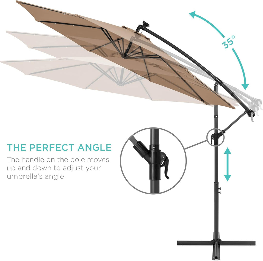 10ft Solar LED Offset Cantilever Hanging Market Patio Umbrella, 8 Sturdy Ribs, Easy Adjustment - Tan