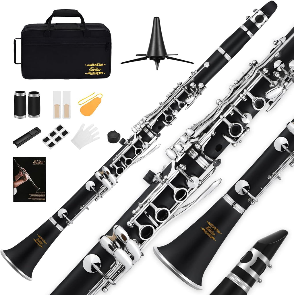 B Flat Ebonite Clarinet Beginner, Nickel, Hard Case Kit, ECL-300