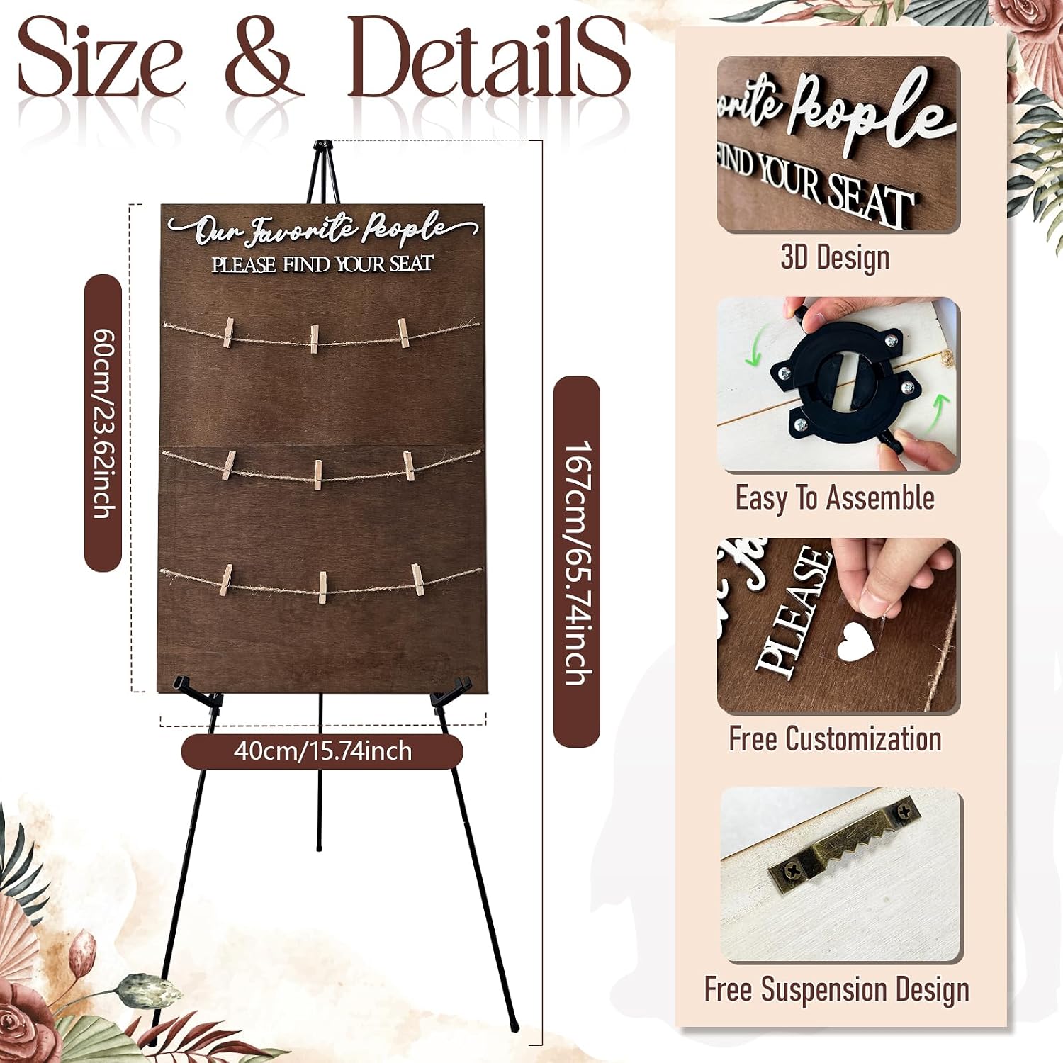 Wooden Seating Chart for Wedding Reception Display 23.6x15.7 Inch