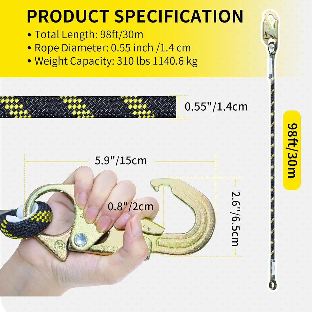 100FT Rope Harness Safety Lanyard, Roofing Fall Protection Rope