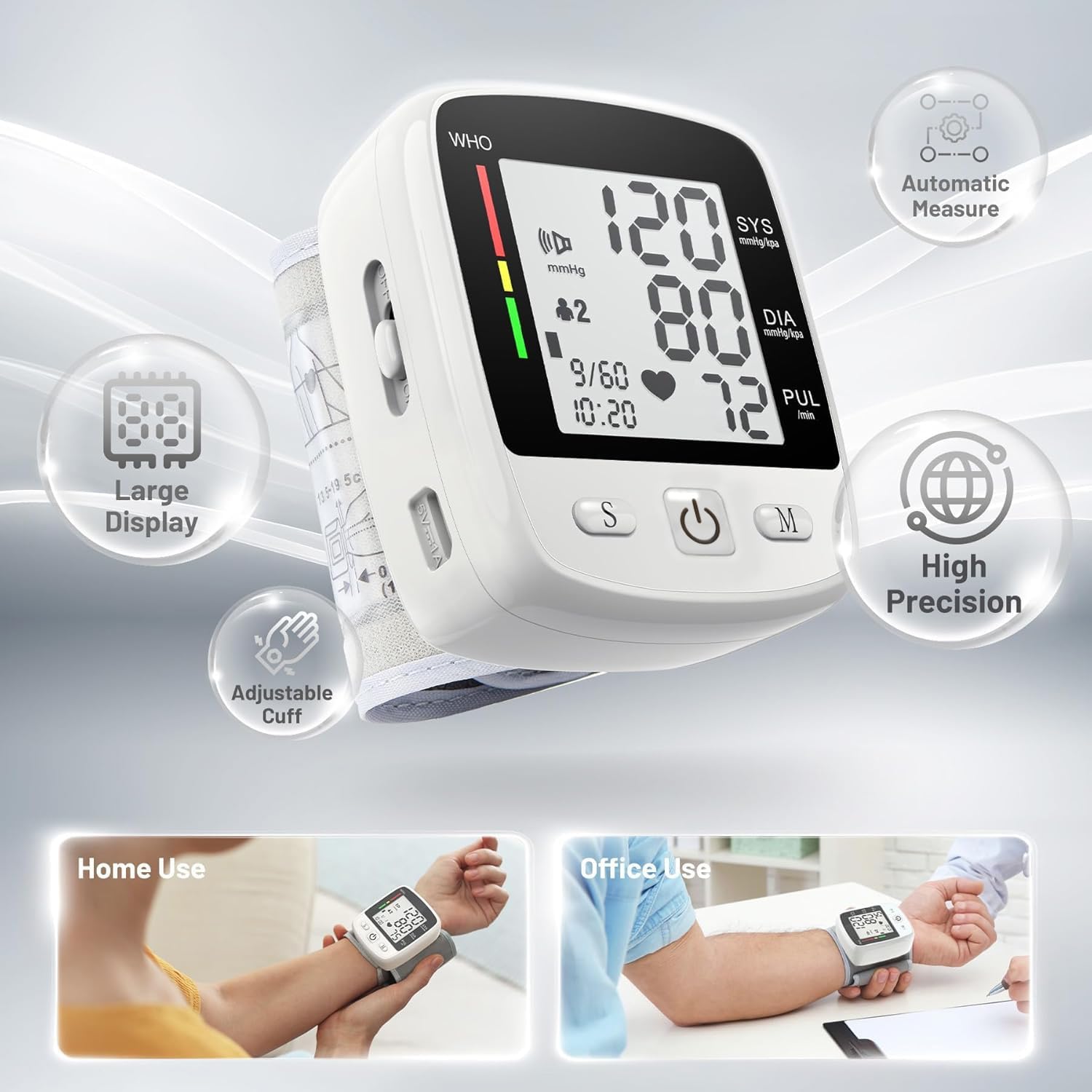 Blood Pressure Monitor Digital Wrist BP Machine Automatic Adjustable Cuff (5.3 to 7.7 in) with 2 Users 180 Memory