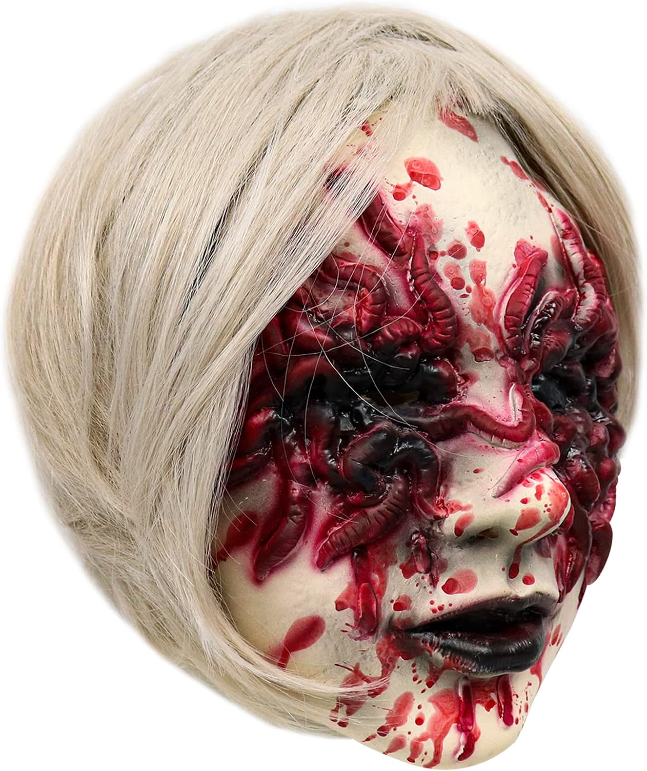 Halloween Scary Demon Mask Bloody Sucking Worm Face Mask with White Wig | Raised Worm Details, Blood Spatter Effect
