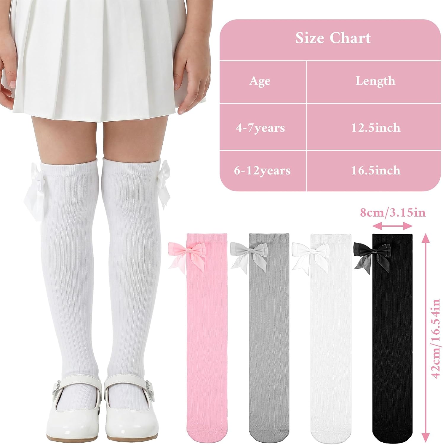4 Pairs Bow Girls Knee High Socks, Soft Cute Long Socks for Girls Over Calf Stockings School Uniform Dress Sock