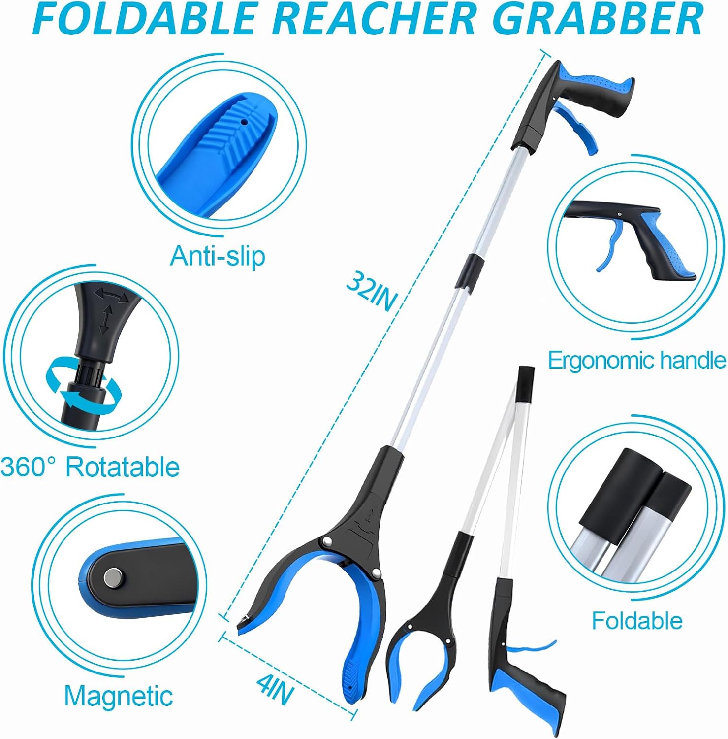 Assistive Device No Bending Kit for Elderly -Sock Aids, Foldable Reacher Grabber with 360° Rotating Jaw & Magnet