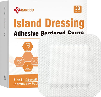 [6''x6''-30count] Carbou Island Dressing Bordered Gauze Sterile Individually Wrapped Gauze Pads,Highly Absorbent