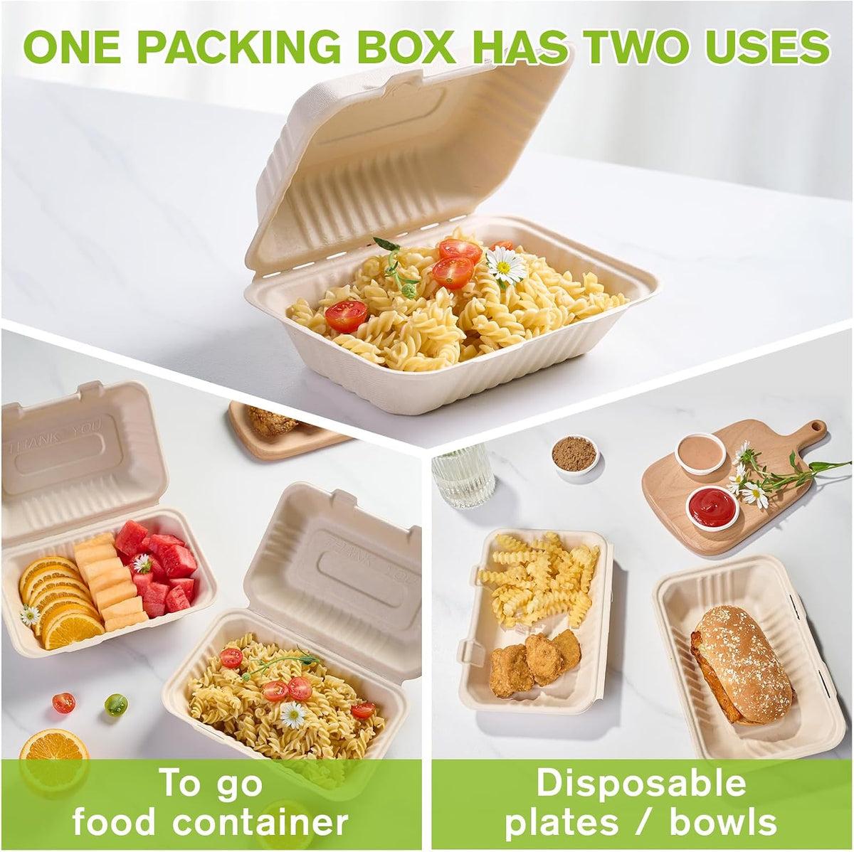 500 Pack Compostable Clamshell Take Out Food Containers, 9x6 inch