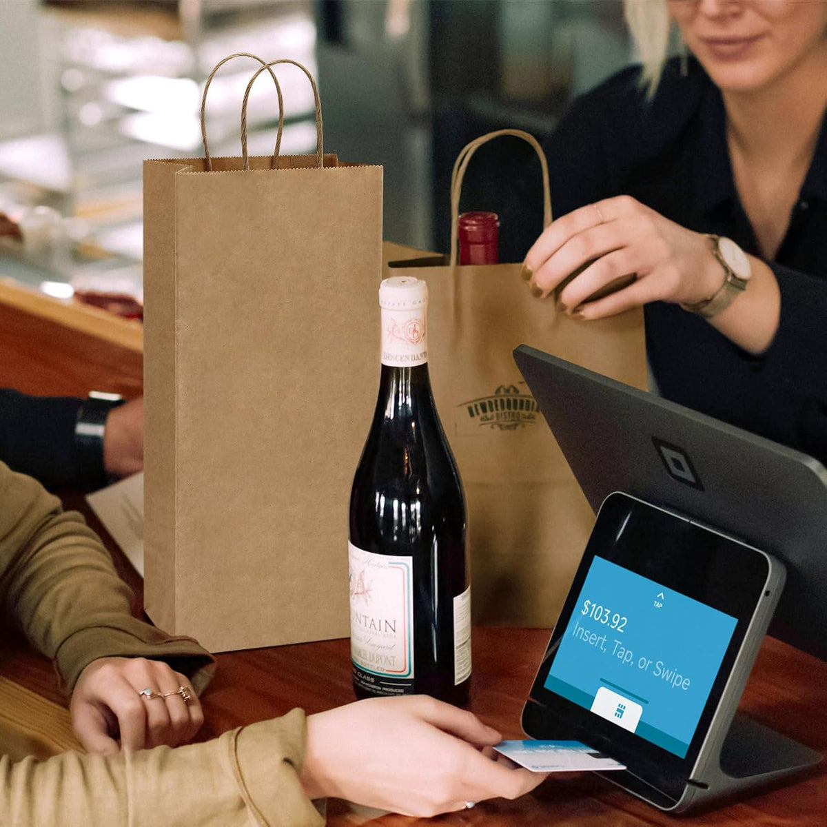 Wine Bags with Handles 5.25x3.25x13 Inch Brown Paper Bags 50 Pack