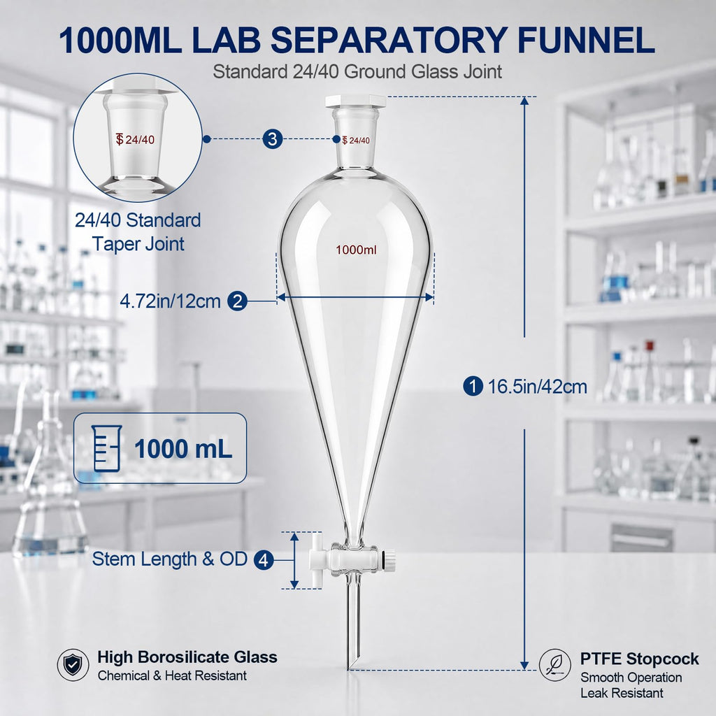 1000 ml Separatory Funnel, Borosilicate Glass, PTFE Stopcock