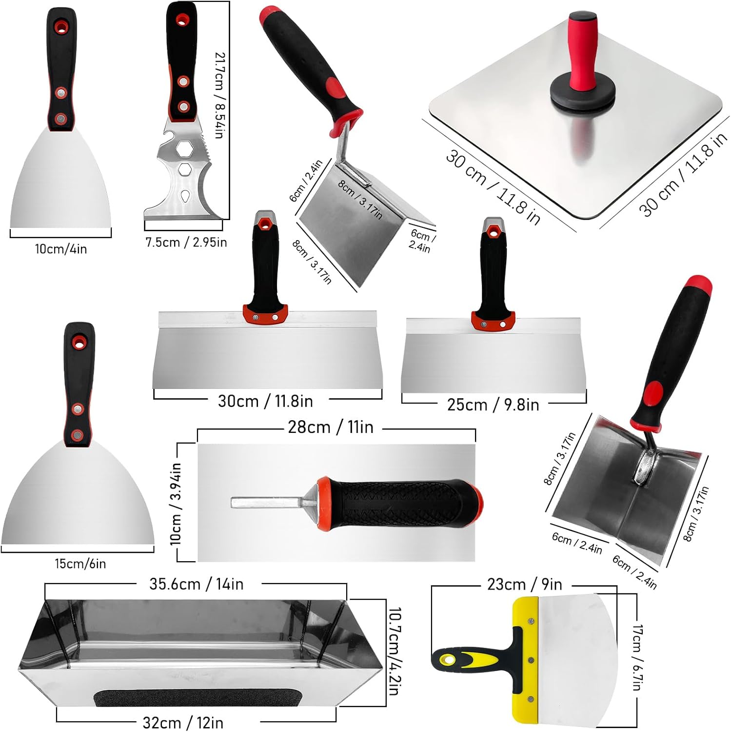Drywall Hand Tool Set, 11 Pcs Putty Knife Set with Mud Pan | Aluminum Hawk, Finishing Trowel, Inside & Outside