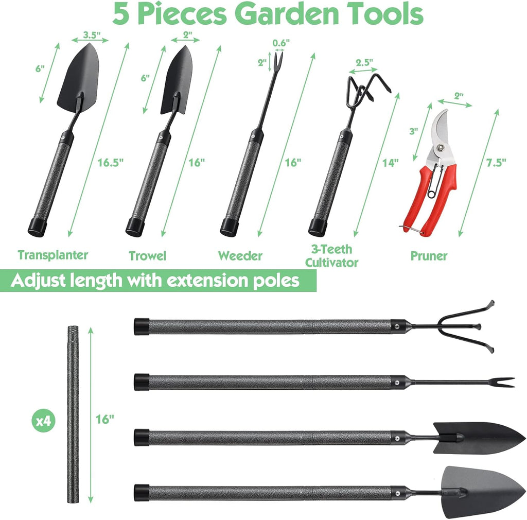 Garden Tools Set 5 Piece with Extended Handle, Heavy Duty Garden Tools Set, Ideal Gardening Tool Kit Gifts for