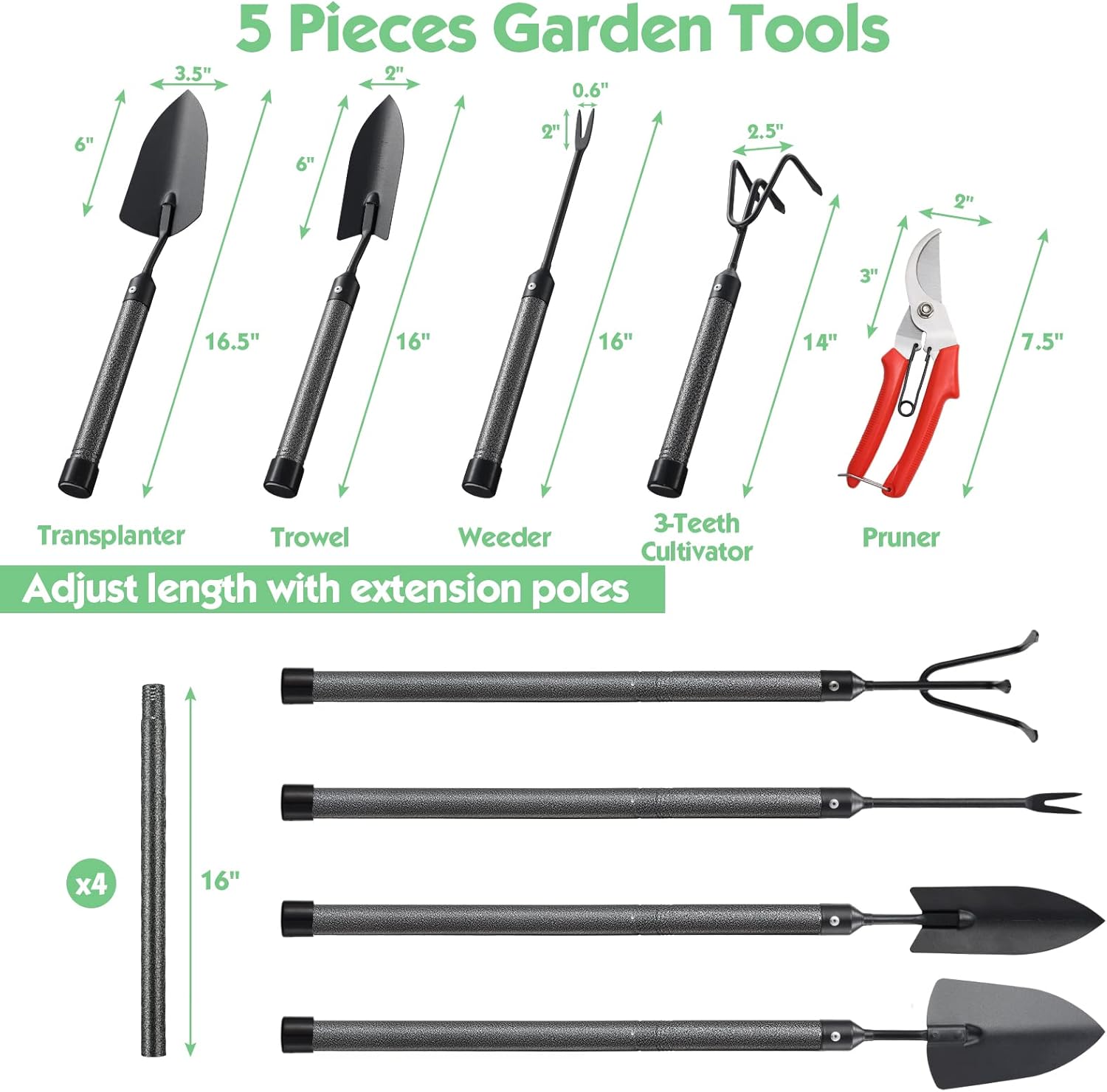 Garden Tools Set 5 Piece with Extended Handle, Heavy Duty Garden Tools Set, Ideal Gardening Tool Kit Gifts for