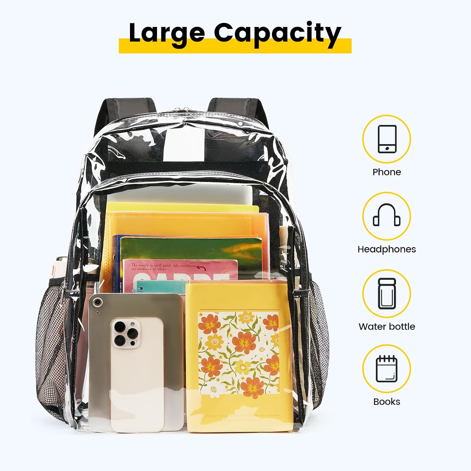 Clear Backpack for School, 16 inch Large Clear Bookbag | Lightweight See Through Backpacks for Girls and Boys
