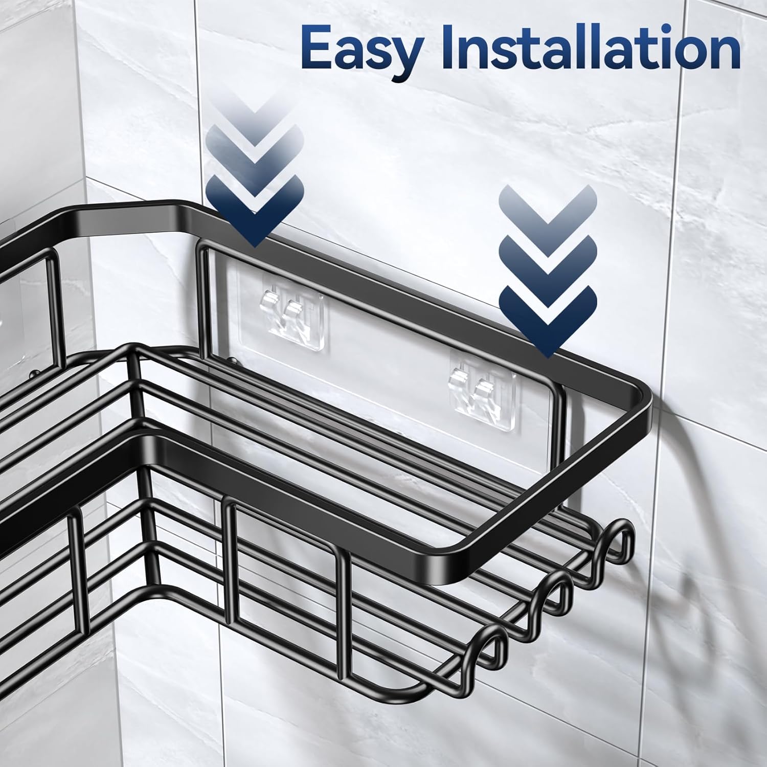 Corner Adhesive Shower Caddy, with Soap Holder and 12 Hooks, Rustproof Stainless Steel Bathroom Organizer, No
