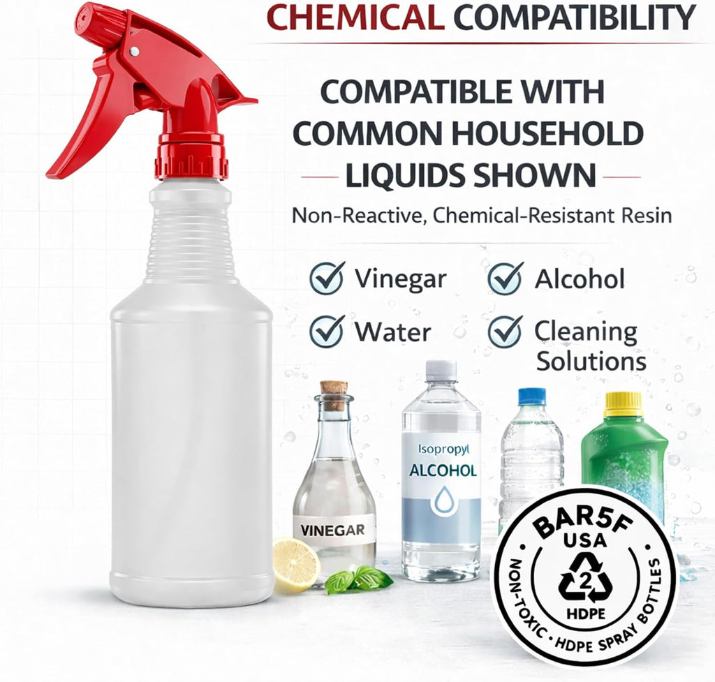 Spray Bottles, 16 Oz, 4 Pack, Chemical-Resistant HDPE, BPA-Free, Non-Toxic, Red Trigger Sprayers, Refillable Empty