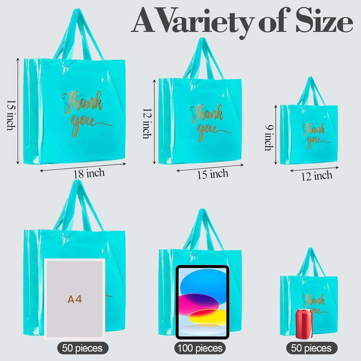 200 Pcs Thank You Shopping Bags with Handle,Sky Blue