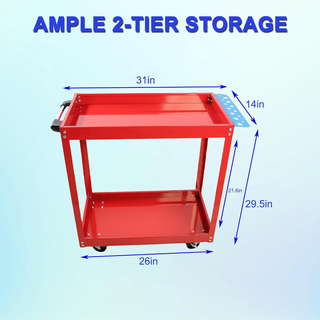 Heavy Duty Tool Cart on Wheels, 400 LBS Capacity Steel Utility Cart with Lockable Casters, Two-Layer Rolling Service