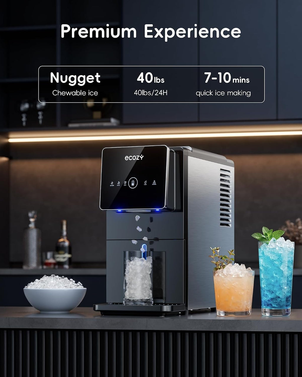 Nugget Ice Makers Countertop Dispenser, 40lbs Per Day, Touch-Free Ice