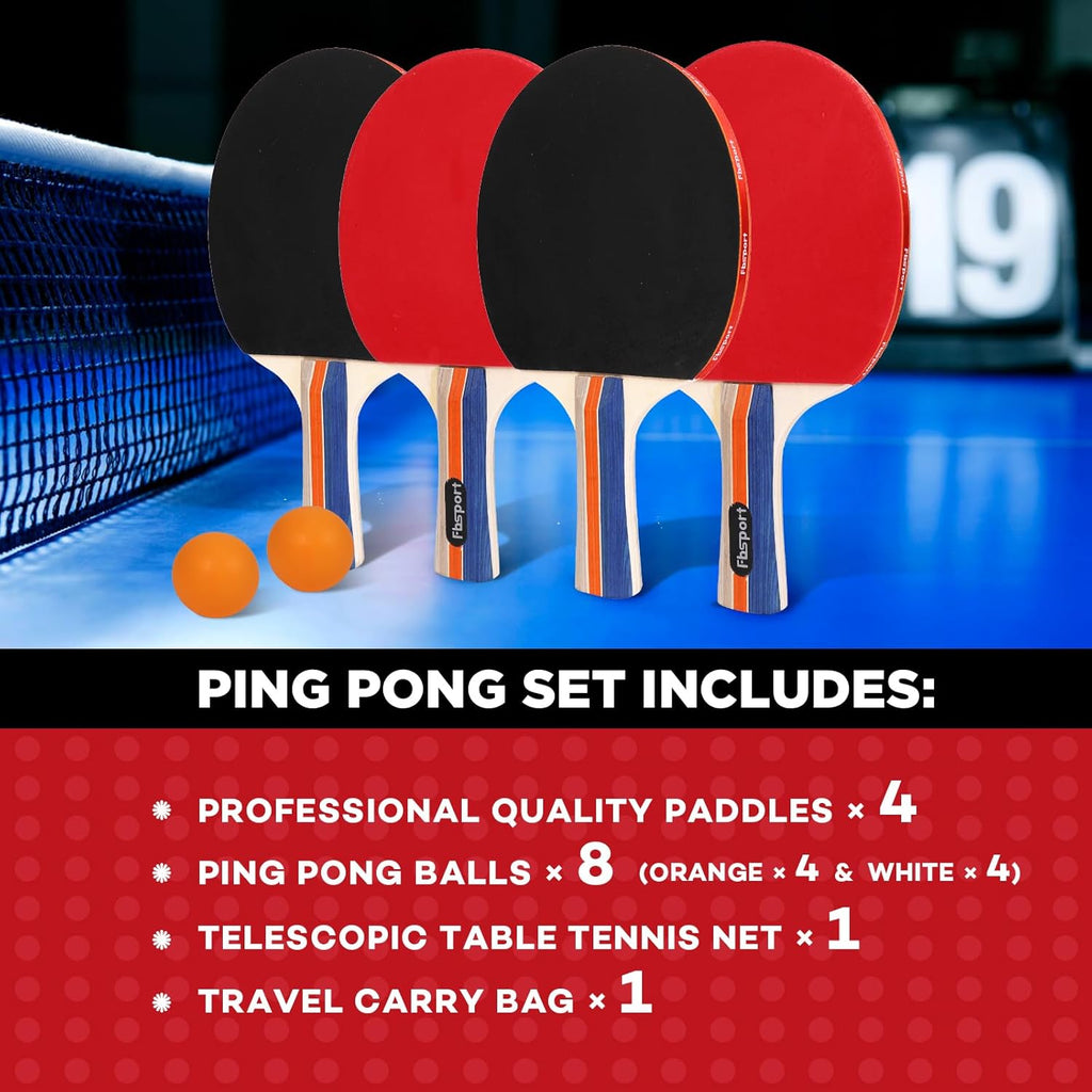 Ping Pong Paddle Set, Table Tennis Set with 4 Rackets and 8 Balls, Retractable Net with Storage Bag - Pingpong Paddle