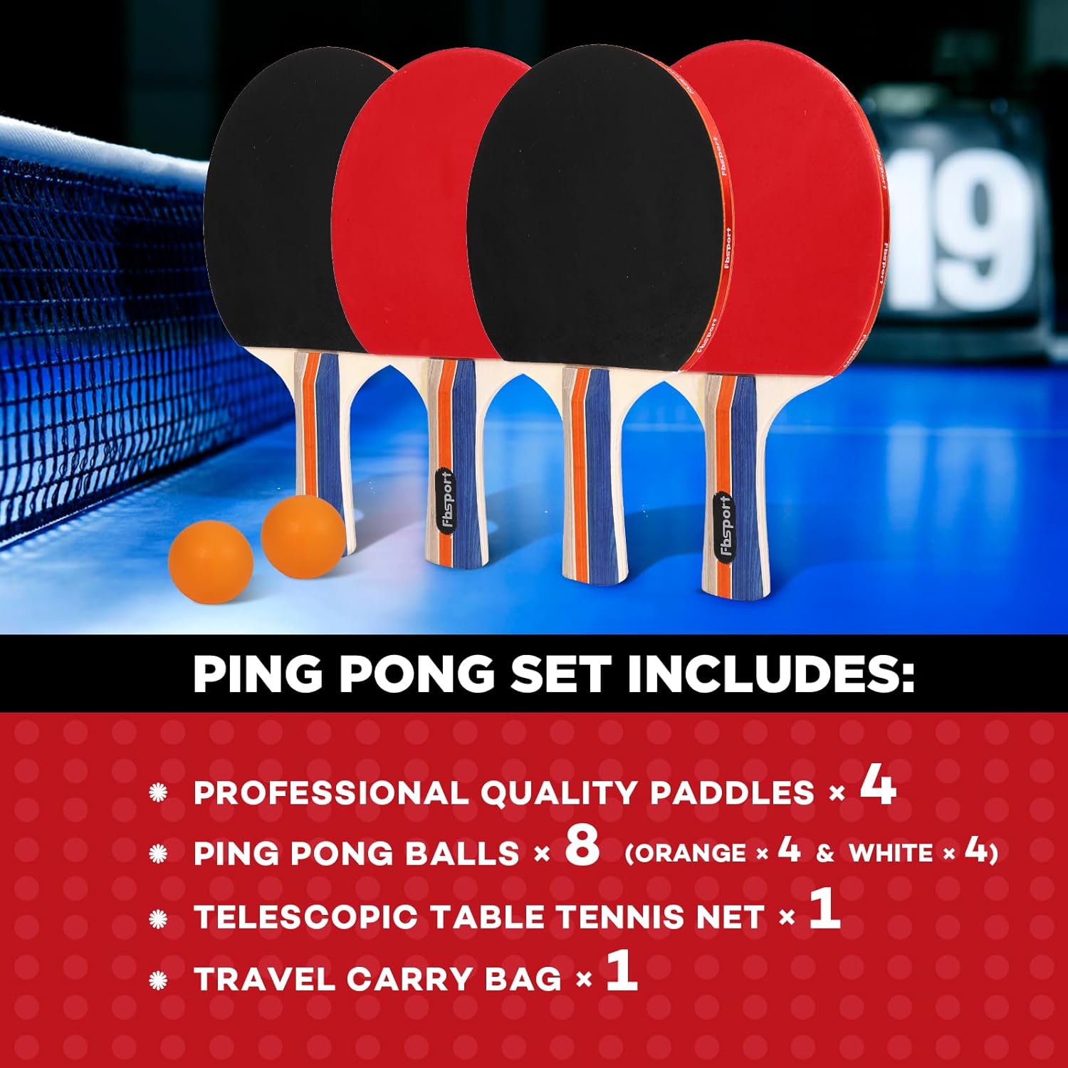 Ping Pong Paddle Set, Table Tennis Set with 4 Rackets and 8 Balls, Retractable Net with Storage Bag - Pingpong Paddle