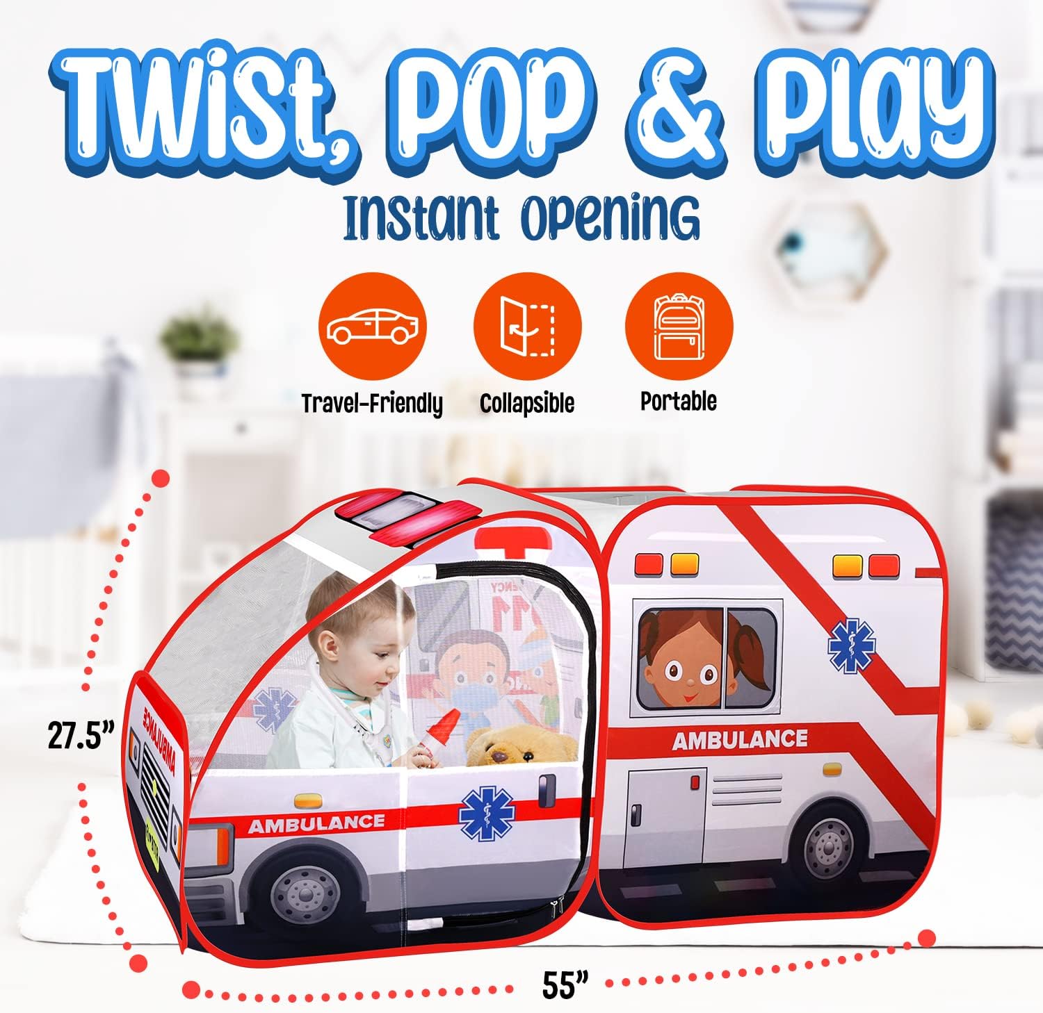Ambulance Pop-up Play Tent for Kids with Sounds, Doctor Kit & Ball Pit for Toddlers & Up - Easy Setup Pop up Toy for