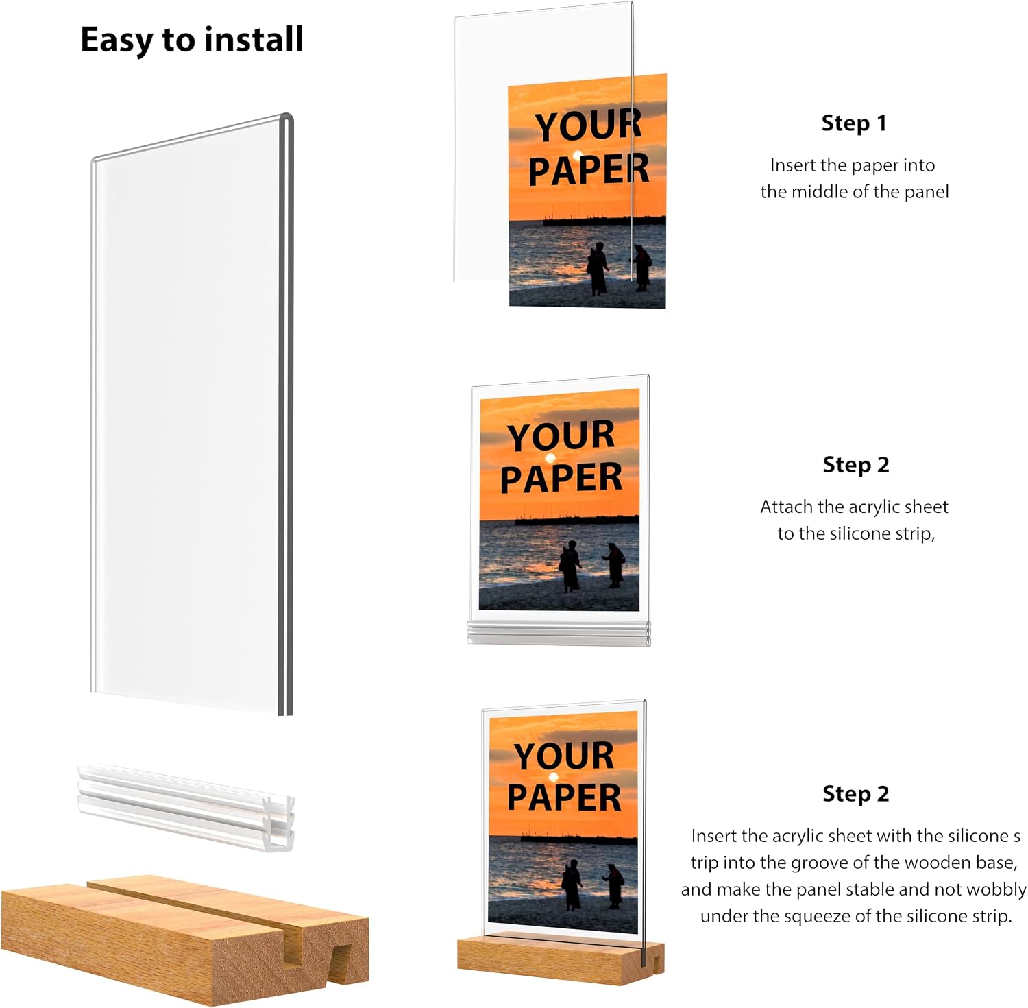 Acrylic Sign Holder with Wood Base 8.5x11 Inch Vertical and Slant Displays (2 Pack 8.5*11")