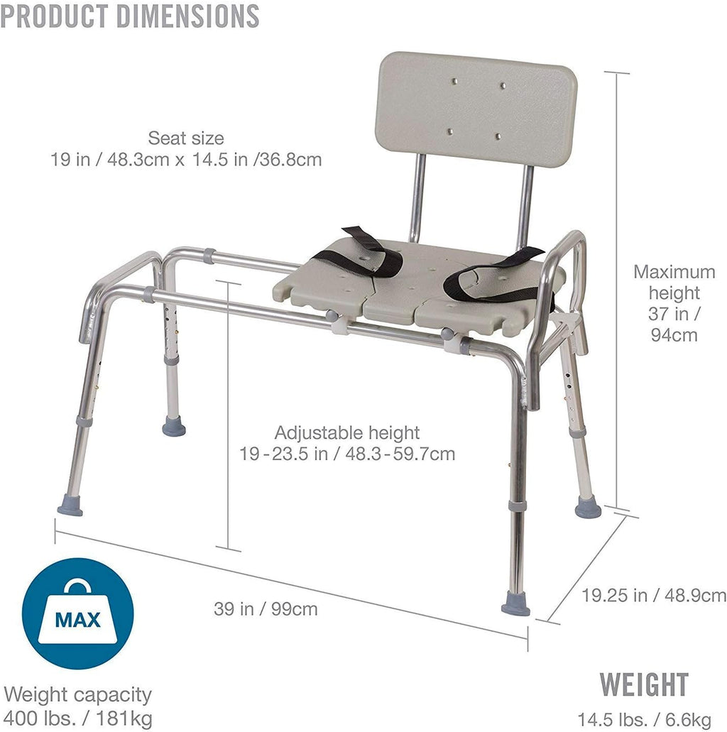 Tub Transfer Bench and Shower Chair with Non Slip Aluminum Body, FSA Eligible, Adjustable Seat Height and Cut Out