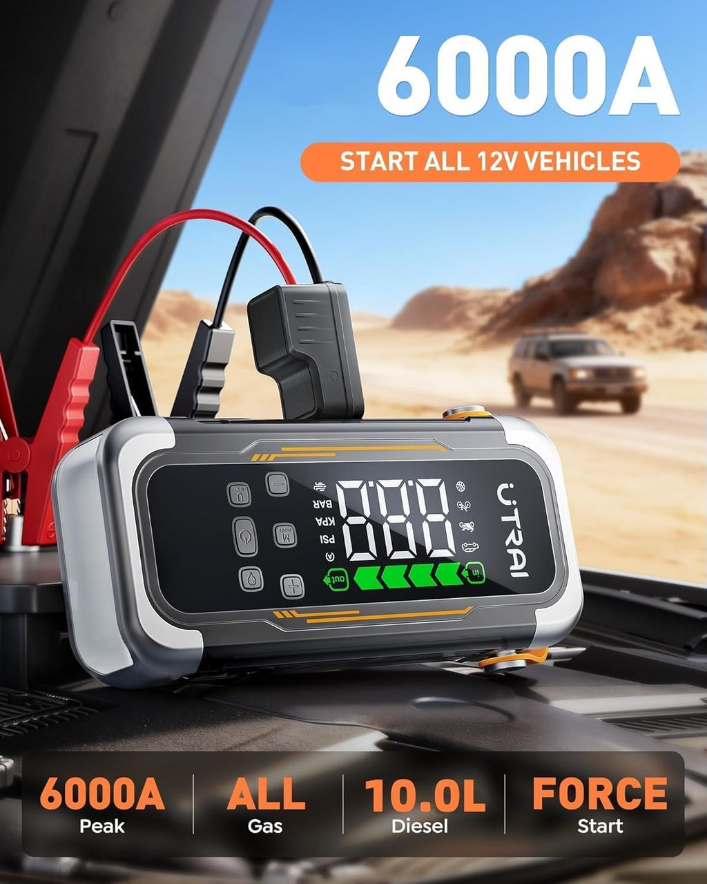 Jump Starter with Air Compressor, 6000A Peak Battery Jumper Starter Portable (All Gas & 10.0L Diesel) with 150PSI