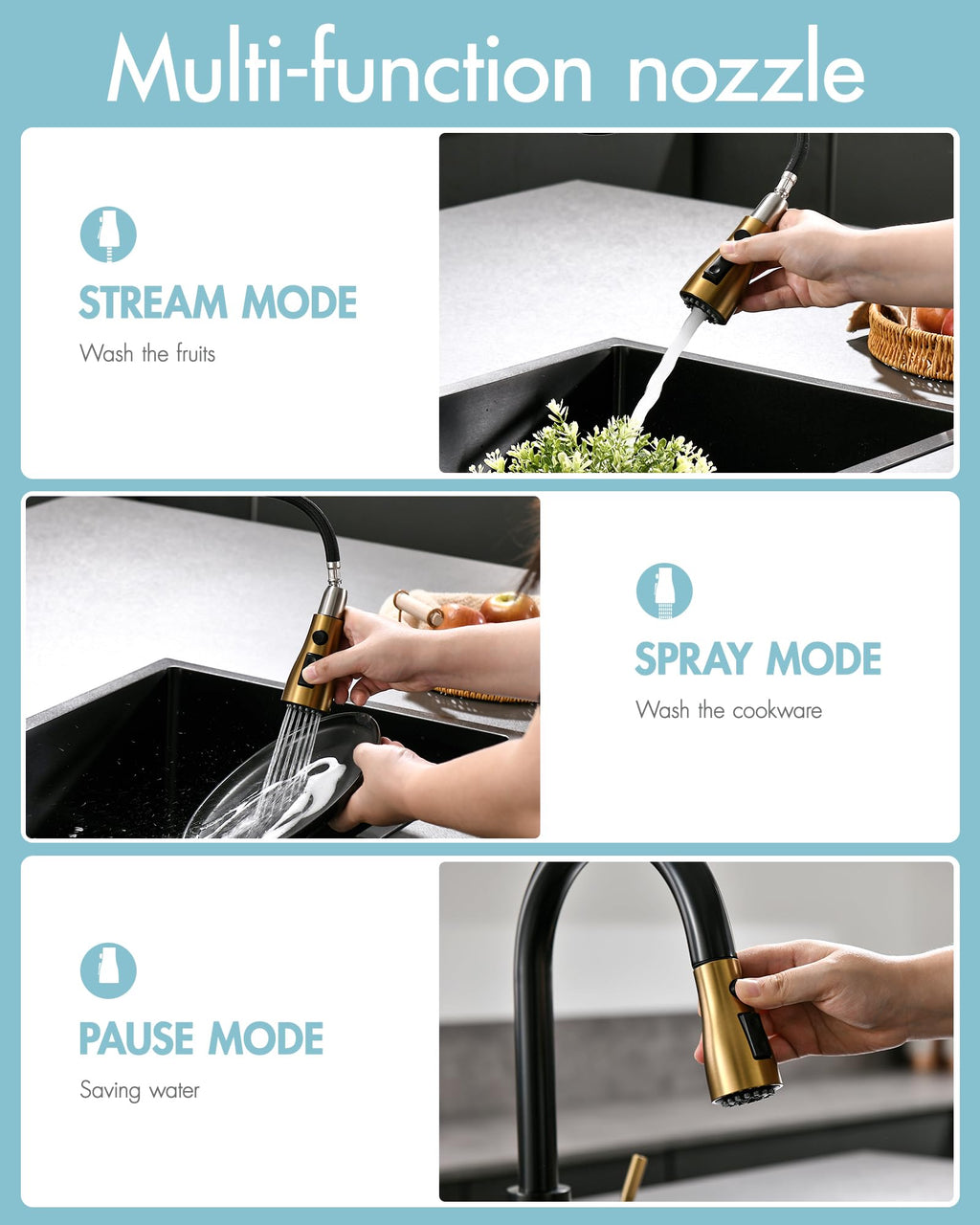 Black and Gold Kitchen Faucet with Pull Down Sprayer