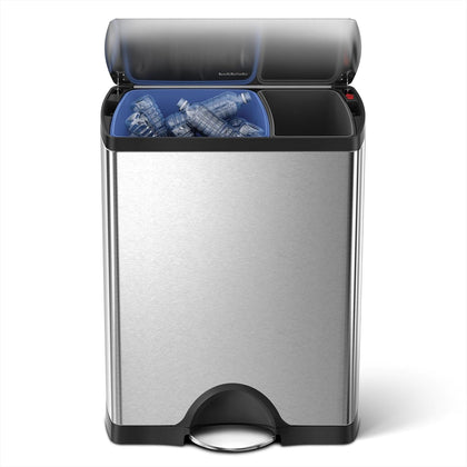 Rectangular Dual Compartment Recycling Kitchen Step Trash Can, 46 Liter, Brushed Stainless Steel