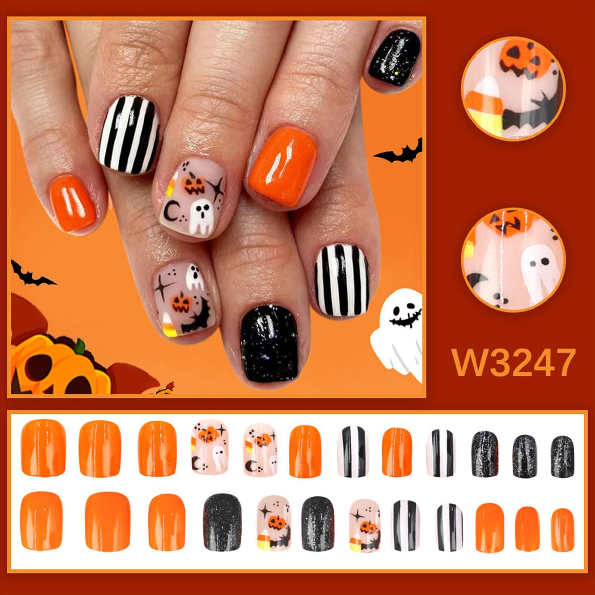 6 Sets(144Pcs) Halloween Press On Nails Short Square Fake Nails, Cute Ghost