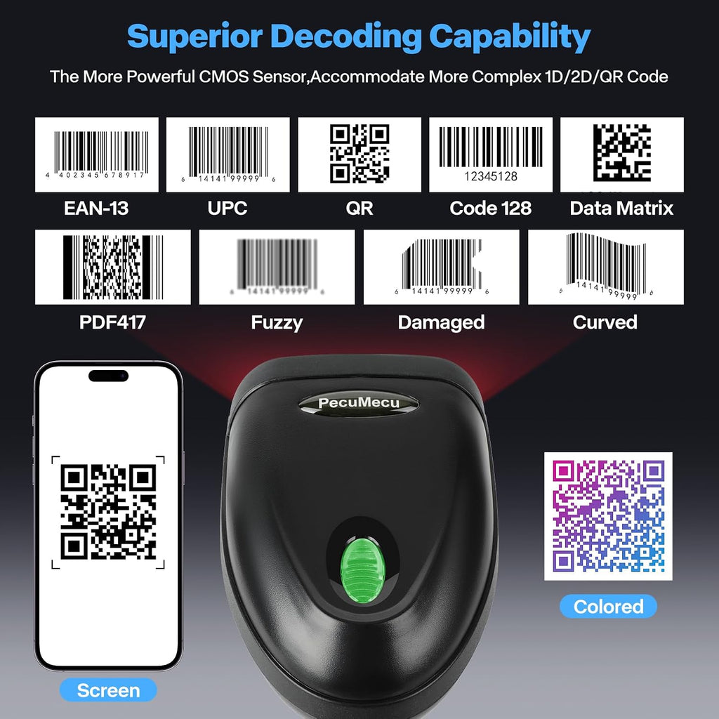 Bluetooth 1D&2D Barcode Scanner, 3-in-1 Bluetooth & USB Wired & 2.4G Wireless QR Barcode Reader, PDF417 Data Matrix