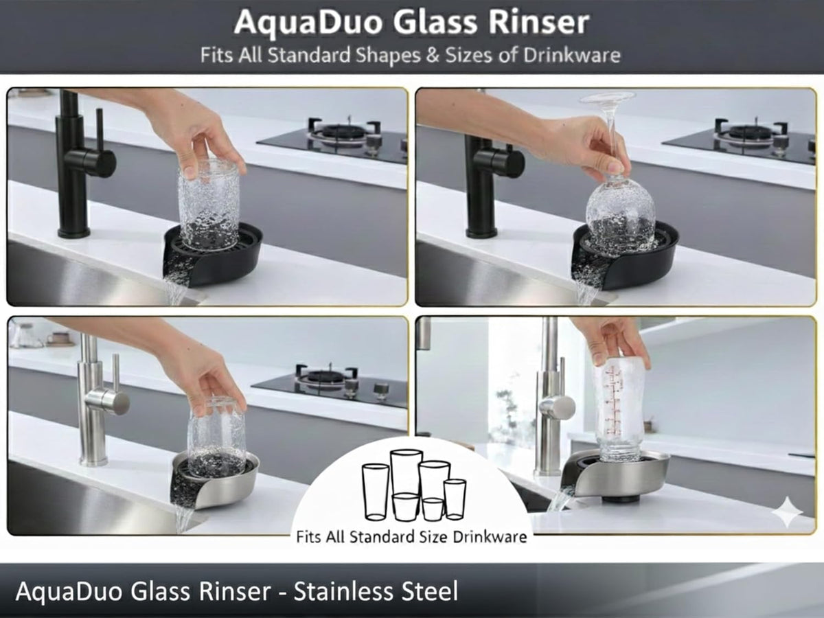 AquaDuo Glass Rinser and Kitchen Sink Sprayer Combo, Stainless Steel Cup Washer, Cup Cleaner, Bottle Washer, Glass