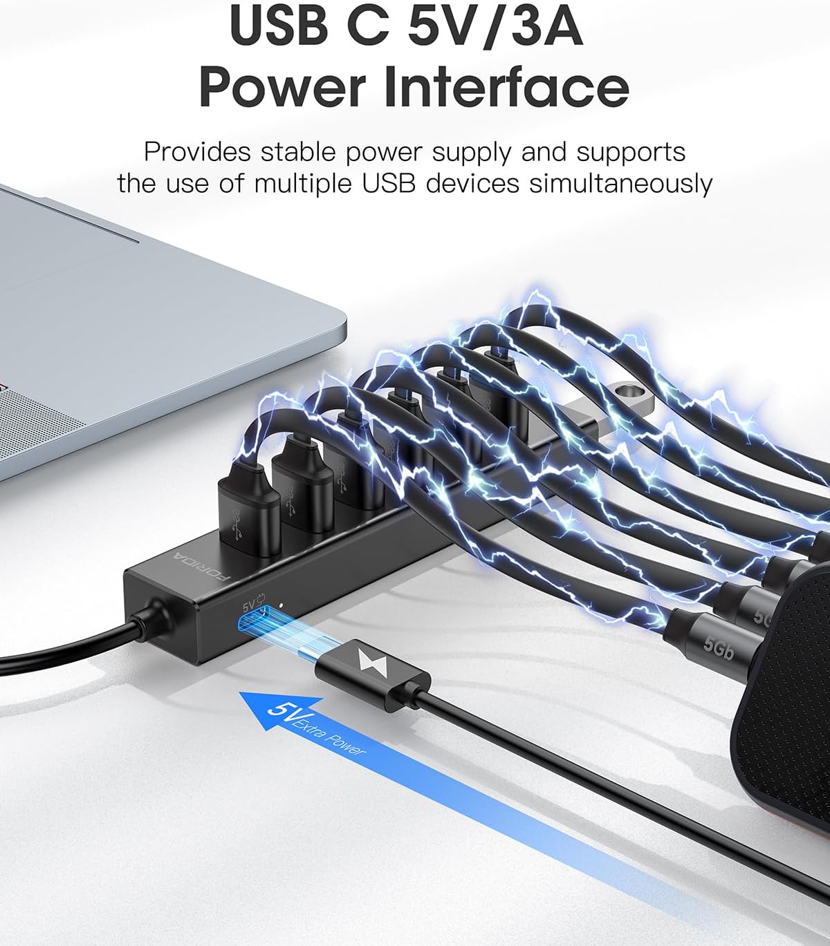 Aluminum Alloy 8 Port USB Hub Long Cable USB Splitter with 7-USB3.0 Data Ports and TypeC 5V/3A Power Port Compatible