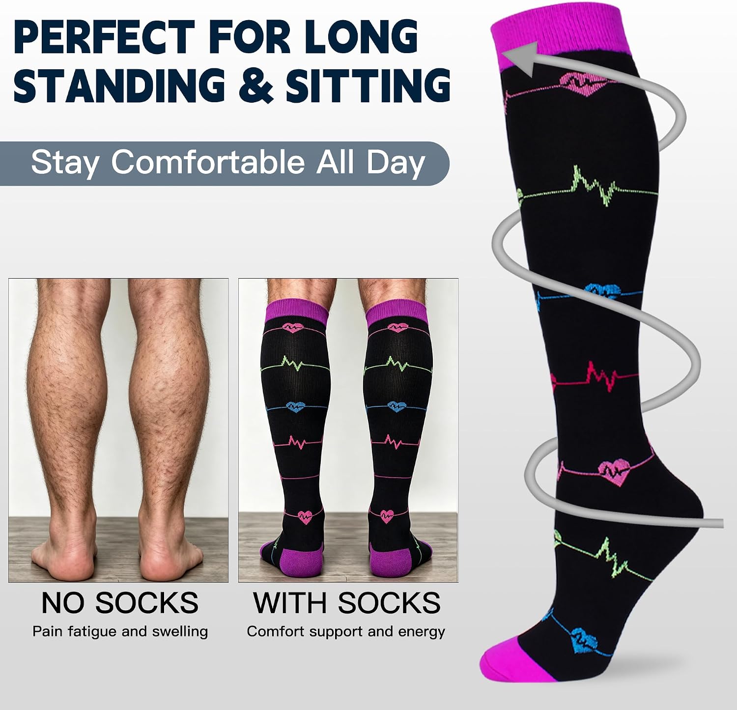 3 Pairs Compression Socks for Women Men 20-30mmhg Knee High Stocking for Sports Running Travel Nurses