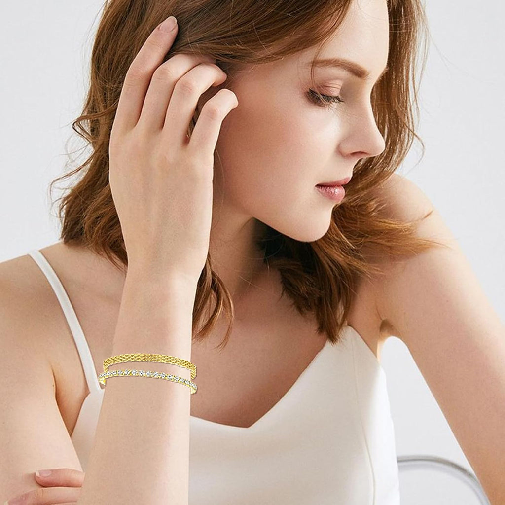 3 Pieces Women Gold Watch Bracelets Set Fashion Costume Jewelry Stainless Steel Gold Plated Square Wristwatch Diamond