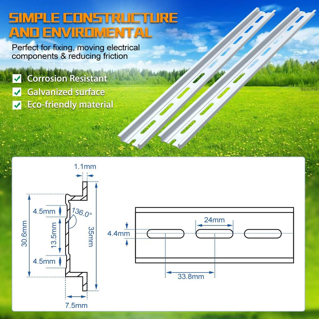 6 Piece Aluminum DIN Rails, 4 Inches Long, 35mm Wide, 7.5mm High, Top Hat Slotted DIN Rail with RoHS, Extra Premium Screws Included for Hardware Components Mounting