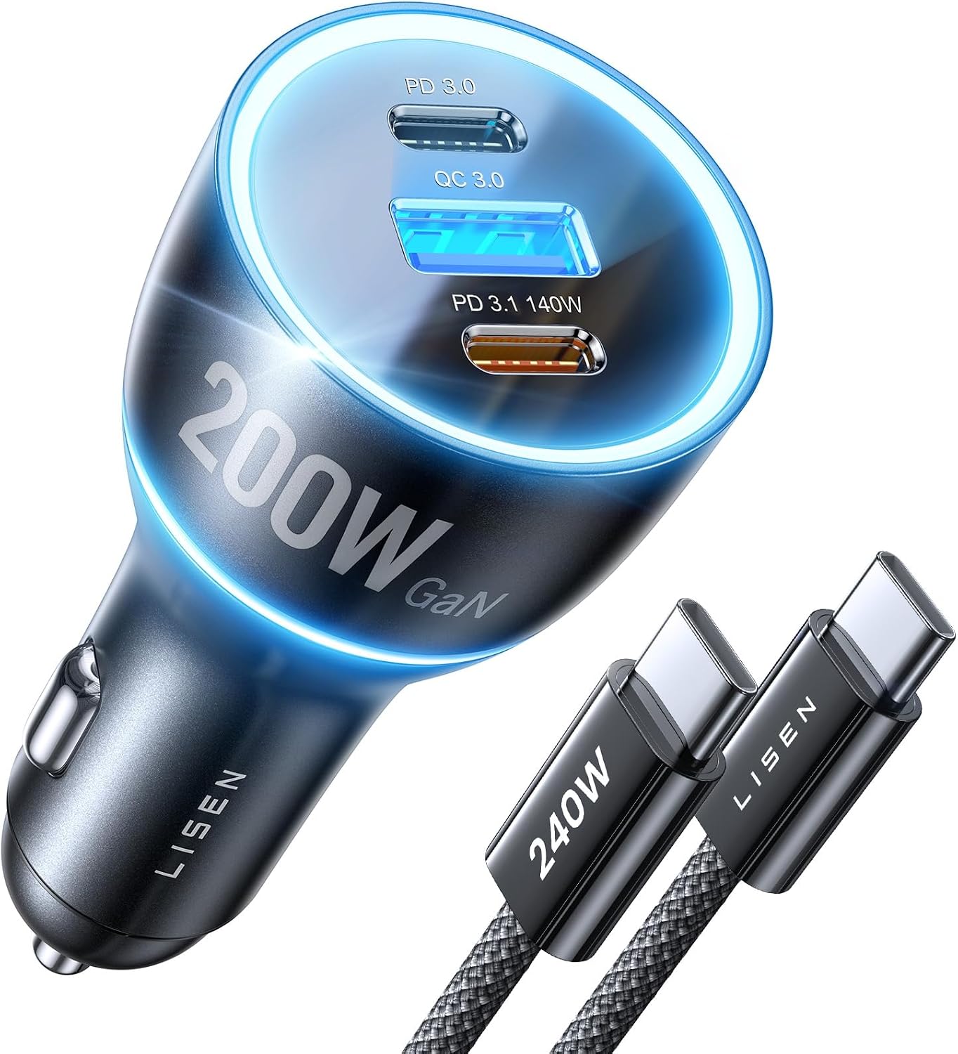 200W Car Charger USB C Fast Charge [GaN] PD 140W Fast Car Charger | USB C, Cigarette Lighter Adapter for Multi Device