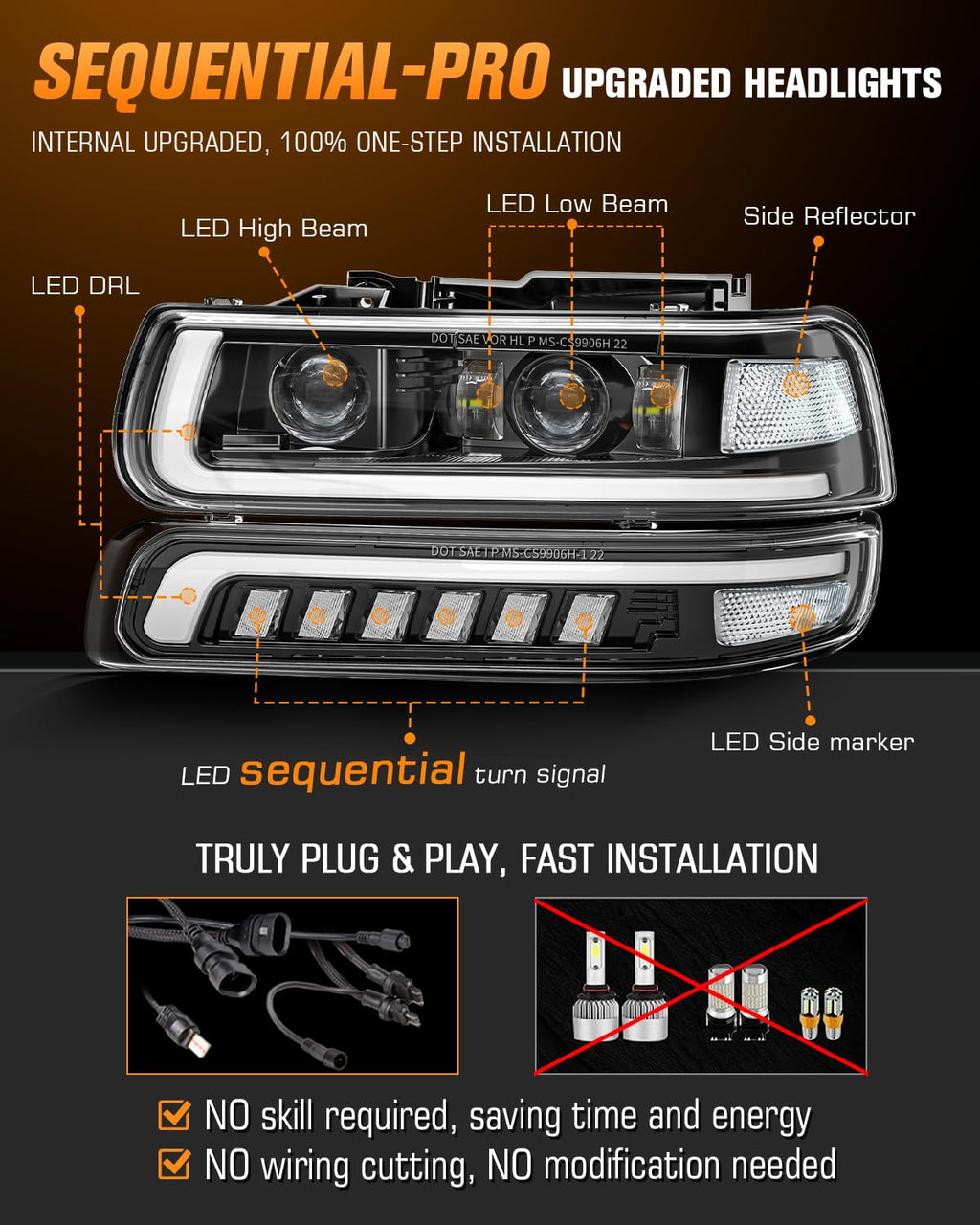 LED Headlight for 1999-2002 Chevy Silverado 1500 2500,00-06 Tahoe Suburban