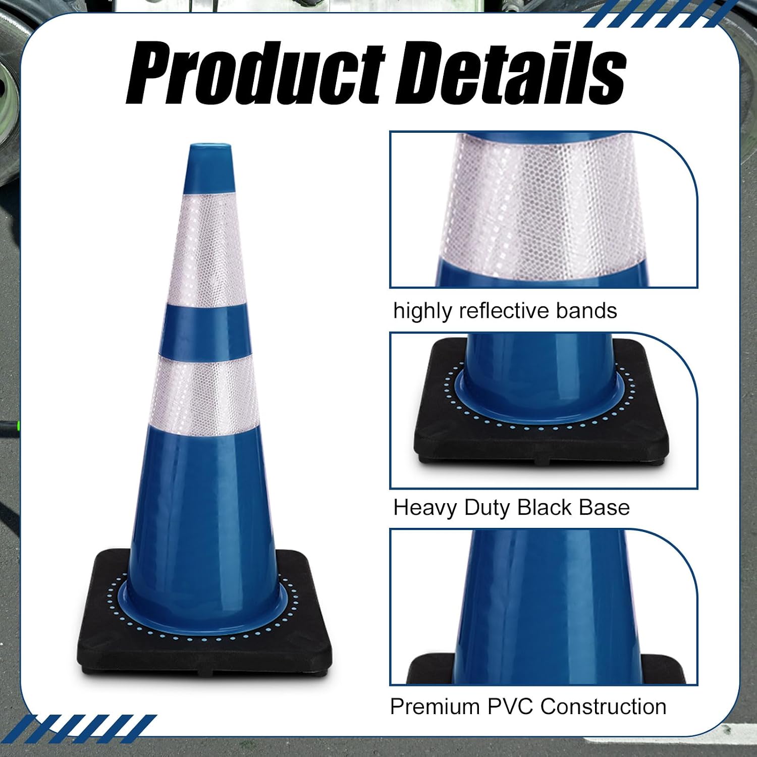 6 Pack Traffic Safety Cones 28 Inch Plastic PVC Blue Traffic Cones with Black Base and Reflective Collars for Street