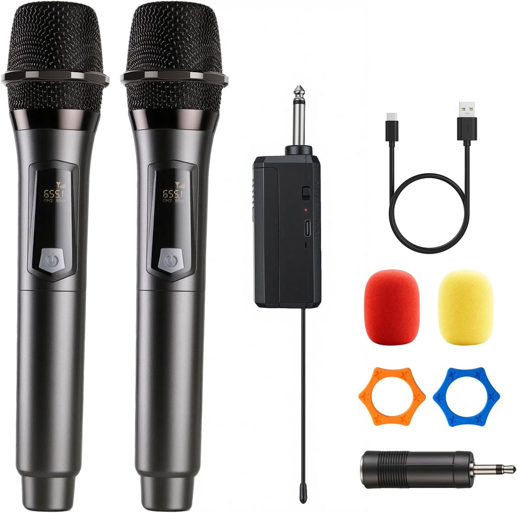 Wireless Microphone, Rechargeable Fixed Frequency Handheld Wireless Mic, Dual Cordless Dynamic Mic with Rechargeable