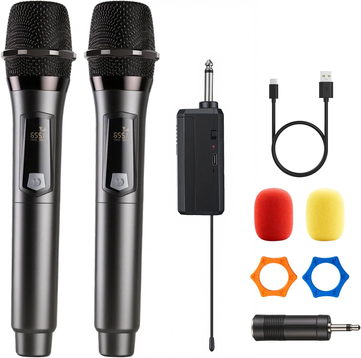 Wireless Microphone, Rechargeable Fixed Frequency Handheld Wireless Mic, Dual Cordless Dynamic Mic with Rechargeable
