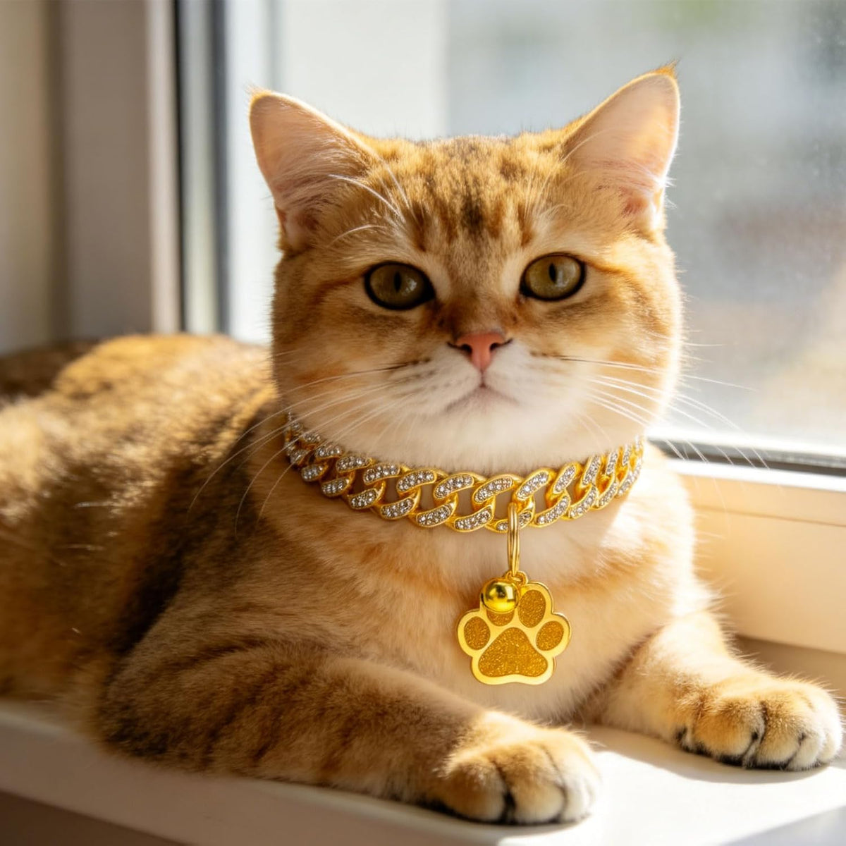 Cat Collar Chain,Diamond Gold Glitter Collar Walking Metal with Secure Buckle Link Cuban Pet Rhinestones Necklace